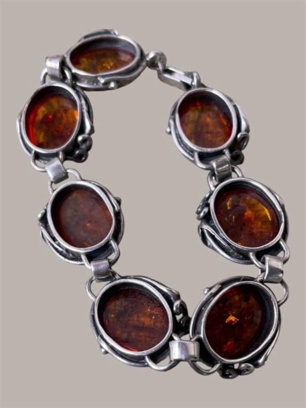 Sterling Silver Vintage Amber Link Bracelet - Picture 2 of 5
